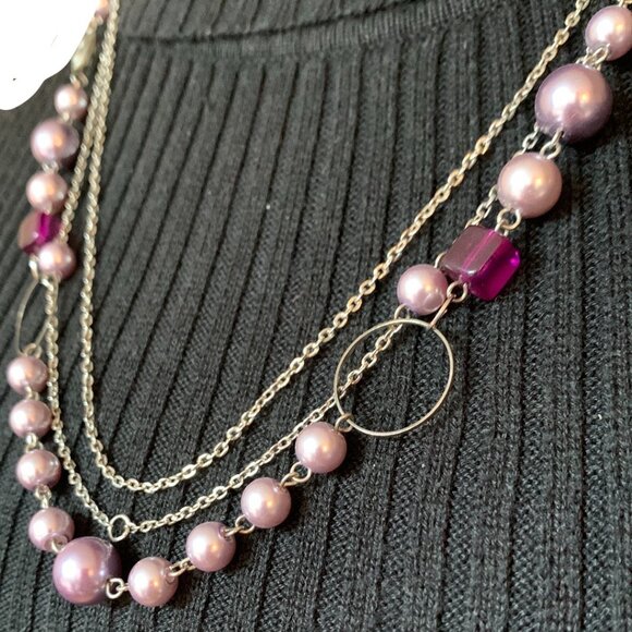 ๐ CREATION - 3 layers necklace - Purple & violet pearl - silver chains - Picture 3 of 10